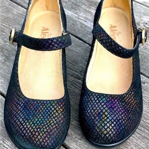Alegria Black Mary Jane Shoes with Metallic Snakeskin Pattern